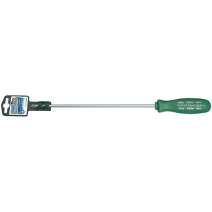 A Draper Long Reach Mechanic's/Engineers Pz Type Screwdriver, featuring a Pozidriv tip, a size of No.2 x 250mm, and a green handle with an attached size label near the base.