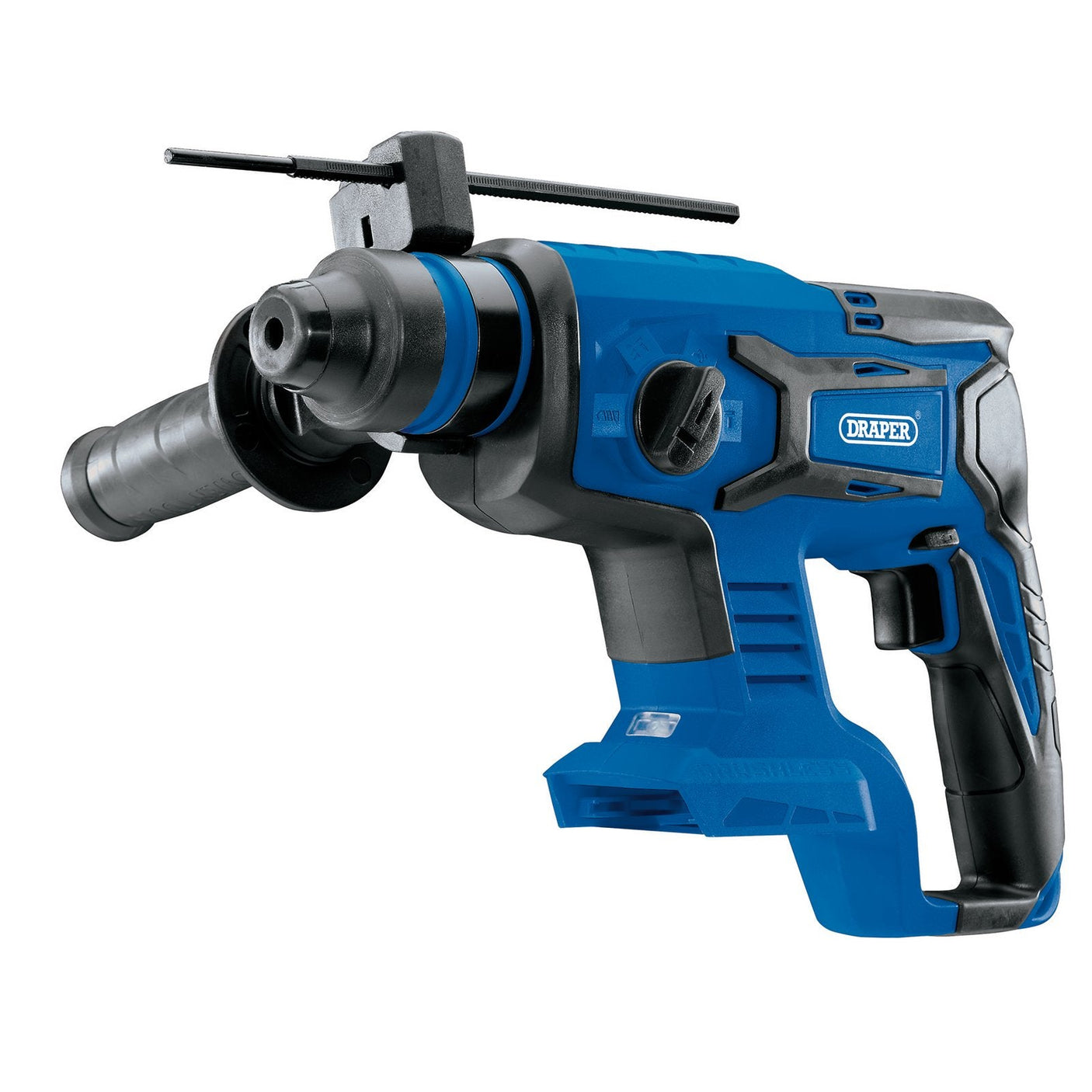 A Draper D20 20V Brushless SDS+ Rotary Hammer Drill (model D20SDSD1.7J) in blue and black, featuring a side handle and prominently displaying "Draper" branding on its body.