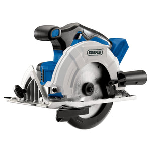 The Draper D20 20V Brushless Circular Saw (Sold Bare) - D20CS165 boasts a blue-and-black design with a silver blade guard. This efficient tool features a brushless motor for enhanced performance and an electronic brake for added safety, making it ideal for cutting wood and other materials.