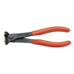 The Draper Knipex 68 01 160 Sbe End Cutting Nippers, 160mm - 68 01 160 SBE, is a robust black diagonal cutting plier with red plastic-coated handles, made from durable tool steel and featuring induction-hardened edges. It complies with DIN ISO 5748 standards.