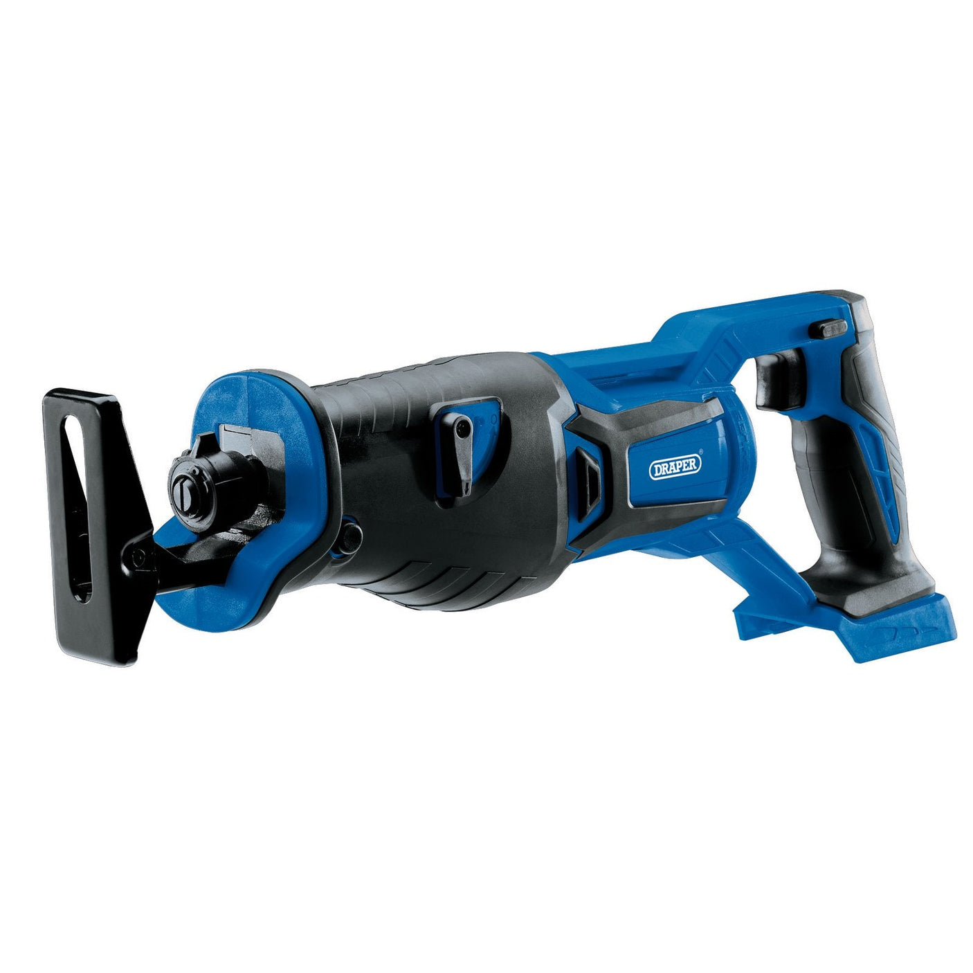 The Draper D20 20V Brushless Reciprocating Saw (Sold Bare) - D20RS28 is a blue and black tool equipped with a brushless motor, detachable blade, and ergonomic handle, designed for cordless use with a quick change blade system.