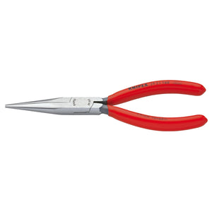 A pair of Draper Knipex 26 11 200 SBE Long Nose Pliers, featuring a red handle, a metallic finish, and professional quality serrated jaws.