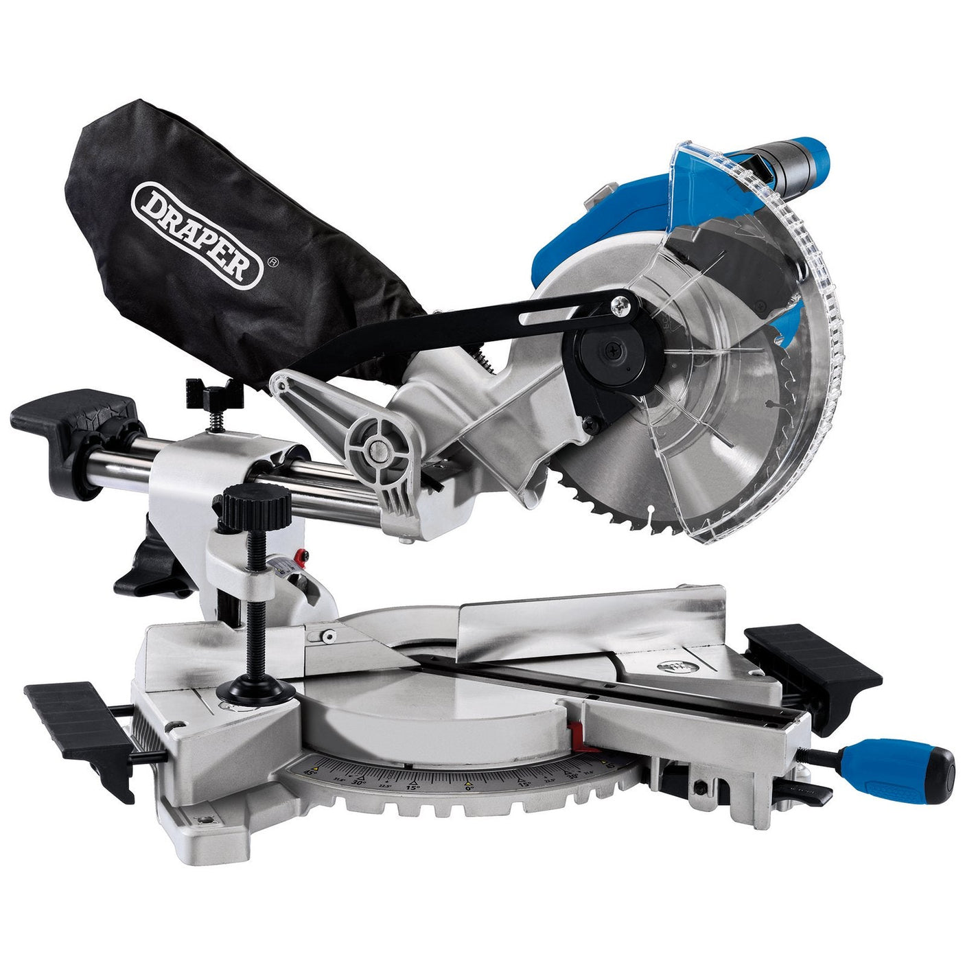 A Draper D20 20V Brushless Sliding Compound Mitre Saw, 185mm (Sold Bare) - D20MS185, featuring a blue and silver design, blade guard, dust collection bag, and adjustable base, positioned against a white background.