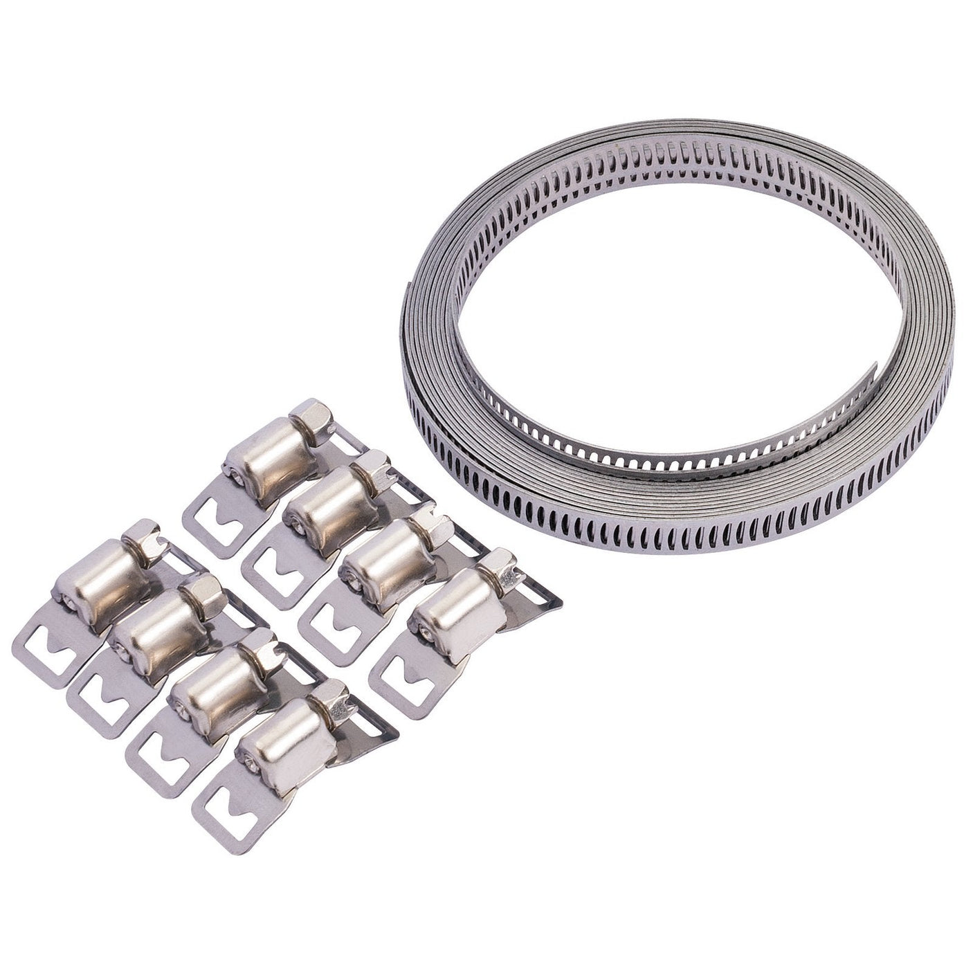 A roll of perforated metal strap and the Draper Wide Hose Clamp Set, 8mm (HC8MM) featuring seven hose clamps, are arranged on a white background.