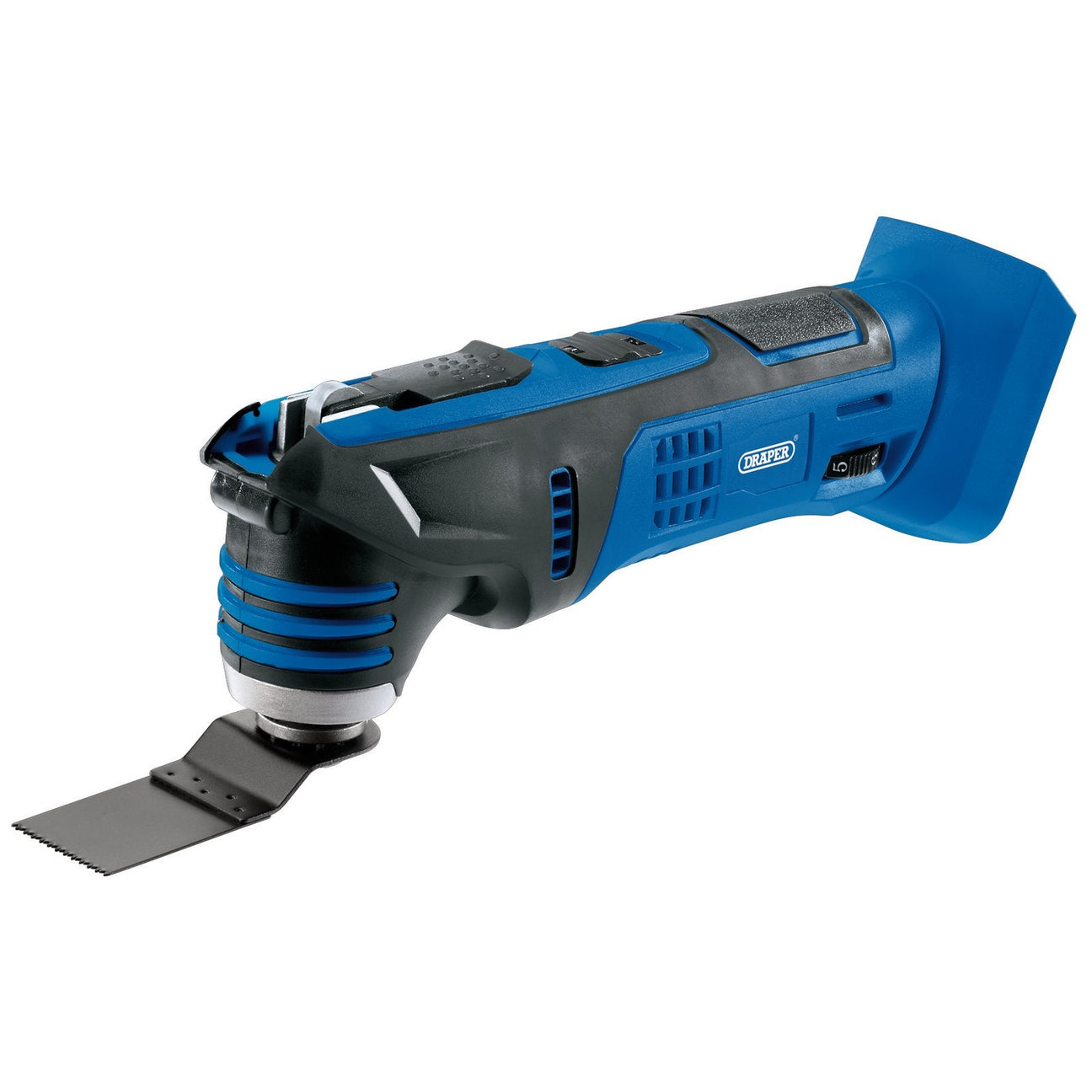 A Draper D20 20V Oscillating Multi-Tool (Sold Bare) - D20OMT3DEG in blue and black, featuring a flat blade attachment, variable speed control, and a cordless design with an interchangeable battery system.