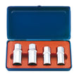 A blue plastic Draper Stud Extractor Set, 1/2" Sq. Dr. (4 Piece) - SES, containing four durable chrome vanadium steel hex socket bolt extractors of various sizes, arranged in a red foam insert.