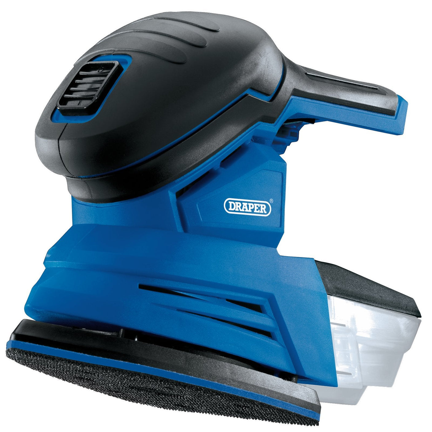 The Draper D20 20V Tri-Base Detail Sander (Sold Bare) - D20TBS135 is a blue and black electric sander with the Draper logo visible on the side. It features a contoured handle, a removable dust collection box, and Hook and Loop backing pad for easy sandpaper changes, making it suitable for use with the D20 interchangeable battery system.