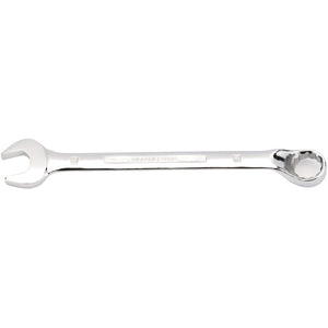 The Draper Hi-Torq® Combination Spanner, 28mm - 8224MM is a silver tool crafted from chrome vanadium steel, featuring one open-end and one box-end, meeting DIN3113 specifications.