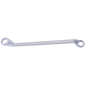 The Draper Hi-Torq® Deep Offset Ring Spanner, 18 X 19mm - 7105MM, is a double-ended chrome vanadium steel box wrench with a slight bend near each end. It features size markings of 18mm and 19mm on opposite ends. The polished finish Draper Expert HI-TORQ tool meets DIN 838 specifications and is designed for tightening or loosening nuts and bolts.