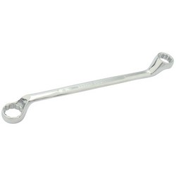 The Draper Hi-Torq® Deep Offset Ring Spanner, 25 X 28mm - 7105MM, is a double-ended box wrench with a polished metal finish, featuring circular closed ends of different sizes on each side. It is made from chrome vanadium steel and meets DIN 838 specifications.