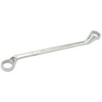 The Draper Hi-Torq® Deep Offset Ring Spanner, 25 X 28mm - 7105MM, is a double-ended box wrench with a polished metal finish, featuring circular closed ends of different sizes on each side. It is made from chrome vanadium steel and meets DIN 838 specifications.