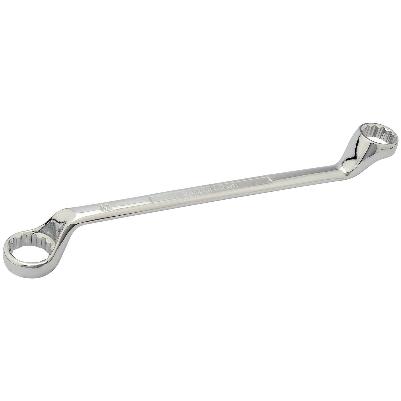 The Draper Hi-Torq® Deep Offset Ring Spanner, 27 X 30mm - 7105MM is a silver double box-end wrench crafted from durable chrome vanadium steel. It features one slightly angled end, and both ends have a ring-shaped profile for gripping nuts and bolts, meeting the DIN 838 Specifications.