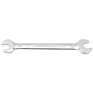 A double-ended open spanner with a fully polished metal finish, made from chrome vanadium steel, and labeled "Draper Expert" in the center, named Draper Open End Spanner, 12 X 13mm - 5055MM.