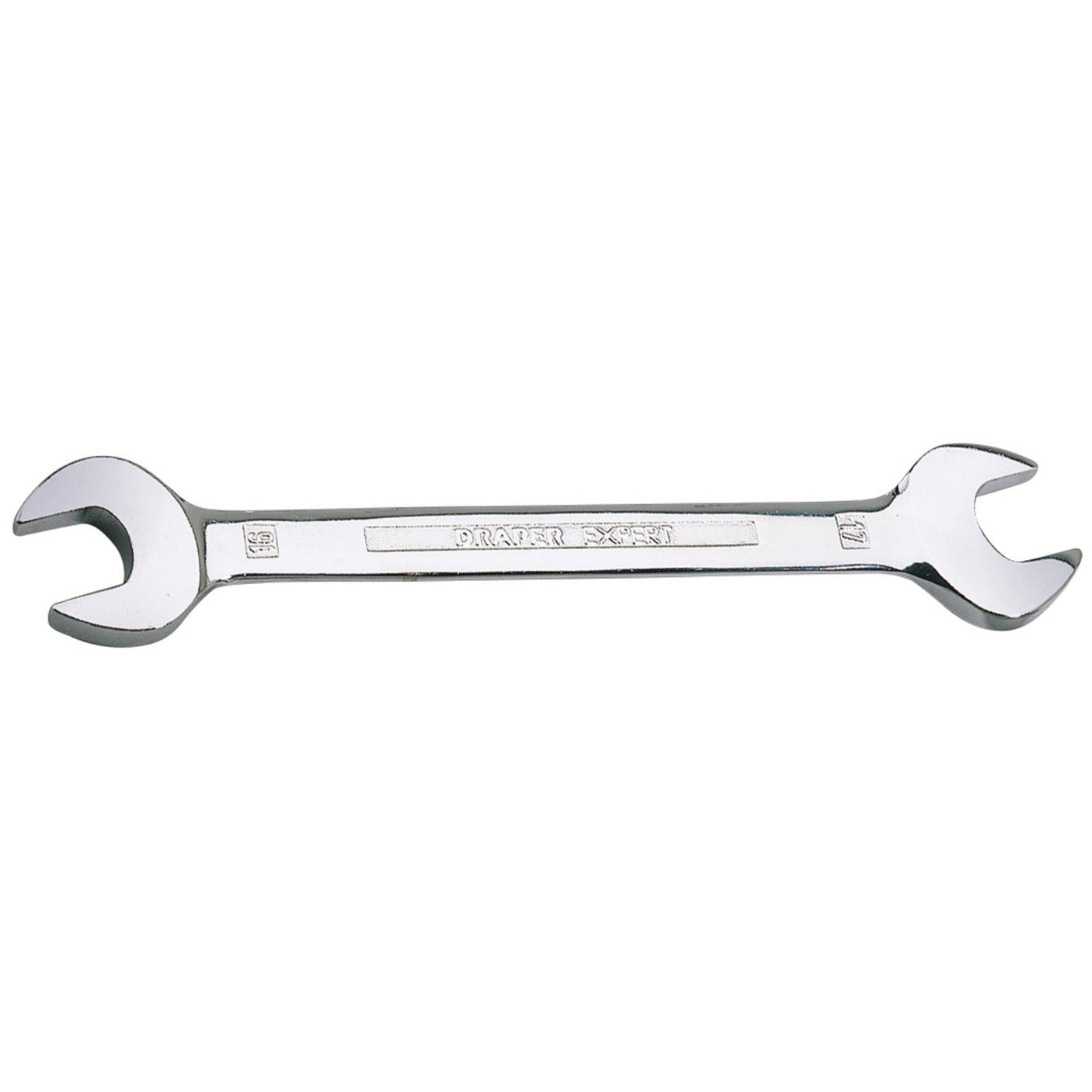 The Draper Open End Spanner, 16 X 17mm - 5055MM, by Draper features a shiny silver double-ended design, crafted from durable chrome vanadium steel. It is designed with one end larger than the other and meets DIN3113 Specifications.