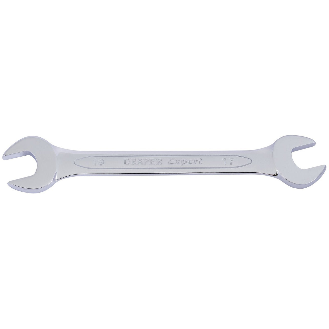 A Draper Open End Spanner, 17 X 19mm - 5055MM, is a double-ended tool forged from chrome vanadium steel with "Draper Expert" engraved on it. One end is sized at 19mm and the other at 17mm, crafted to meet DIN3113 standards.