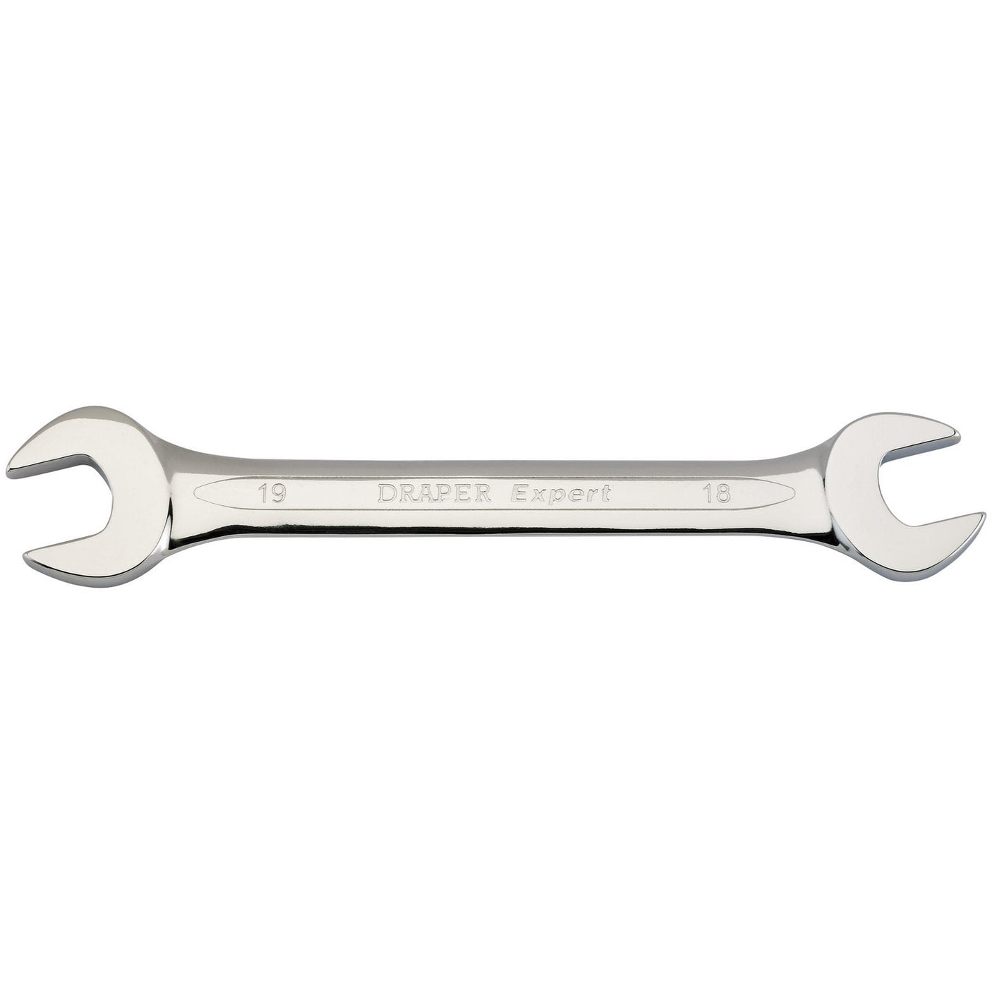 The Draper Open End Spanner, 18 X 19mm - 5055MM, is crafted from tempered chrome vanadium steel and engraved with "DRAPER Expert" and the sizes "19" on one end and "18" on the other, meeting DIN3113 Specifications.