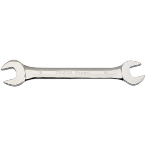 The Draper Open End Spanner, 18 X 19mm - 5055MM, is crafted from tempered chrome vanadium steel and engraved with "DRAPER Expert" and the sizes "19" on one end and "18" on the other, meeting DIN3113 Specifications.