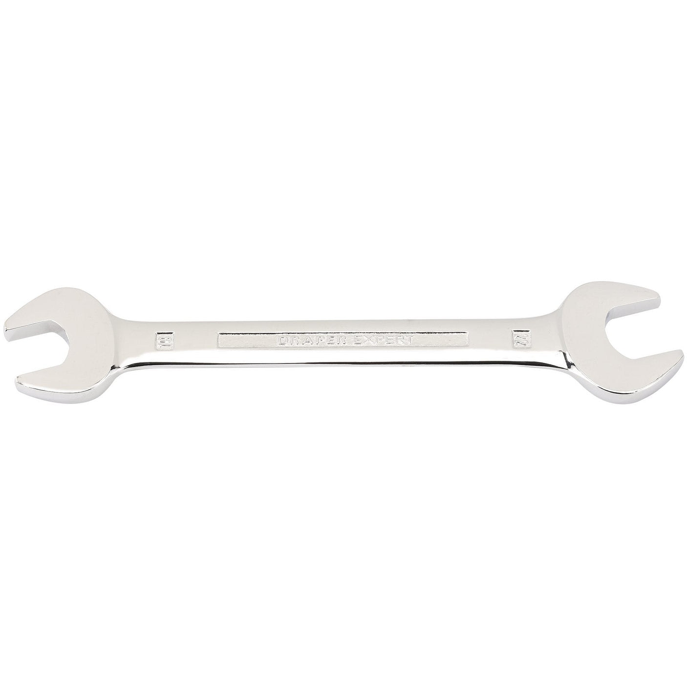 The Draper Open End Spanner, 19 X 22mm - 5055MM features a double-ended design with open ends on both sides and a polished metal finish, crafted from durable chrome vanadium steel.