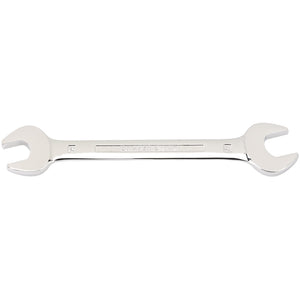 The Draper Open End Spanner, 19 X 22mm - 5055MM features a double-ended design with open ends on both sides and a polished metal finish, crafted from durable chrome vanadium steel.