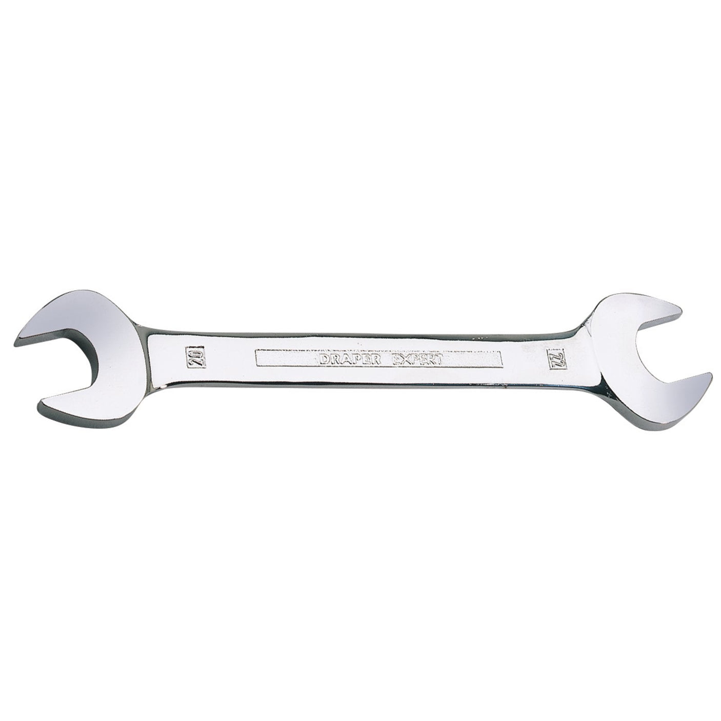 A shiny, double-ended Draper open end spanner (20 X 22mm - 5055MM) made of chrome vanadium steel, with the brand name "Draper" engraved on the handle and open ends set at 15° to meet DIN3113 specifications.