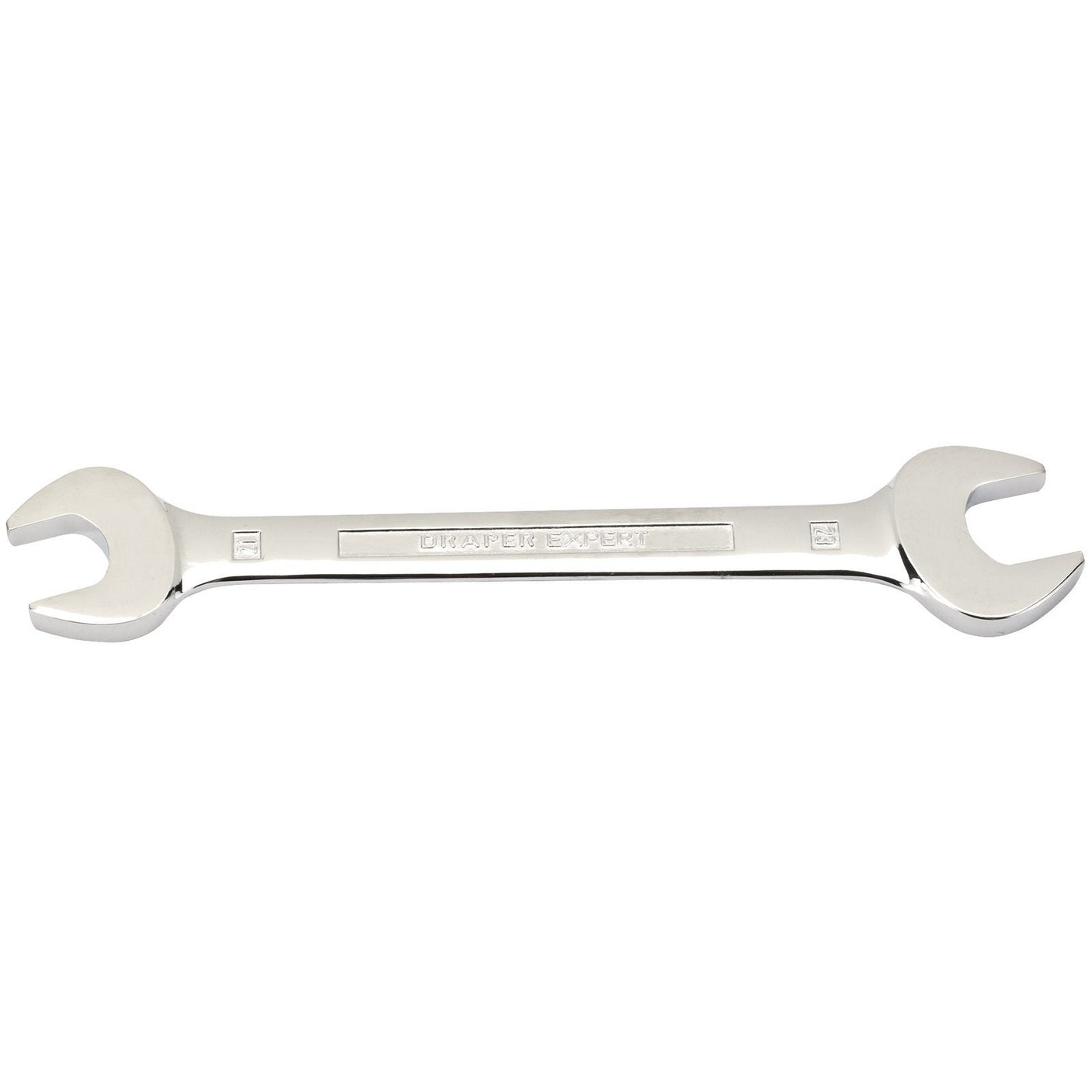 The Draper Open End Spanner, 21 x 23mm - 5055MM, is a tempered chrome-plated wrench with a central grip and distinct size markings on each end.