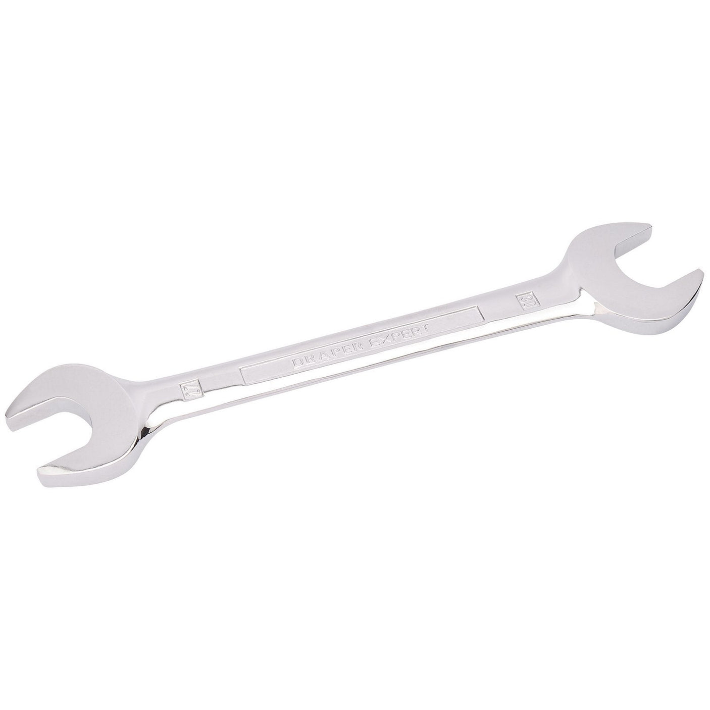 A Draper Open End Spanner, model 5055MM in size 27 X 30mm, crafted from hardened tempered chrome vanadium steel with one end larger than the other, placed against a plain white background.