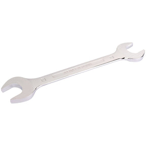 The Draper Open End Spanner, 30 X 32mm - 5055MM, a chrome open-end wrench made from tempered chrome vanadium steel with two differently sized U-shaped ends, lies on a white background and meets DIN3113 specifications.