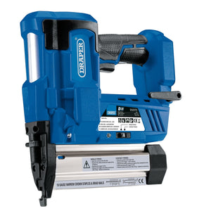 A blue Draper D20 20V Nailer/Stapler (model D20NS) with a black grip handle, several stickers, and an attachment area for loading staples or nails. It features a safety contact tip and is compatible with the D20 interchangeable battery system.