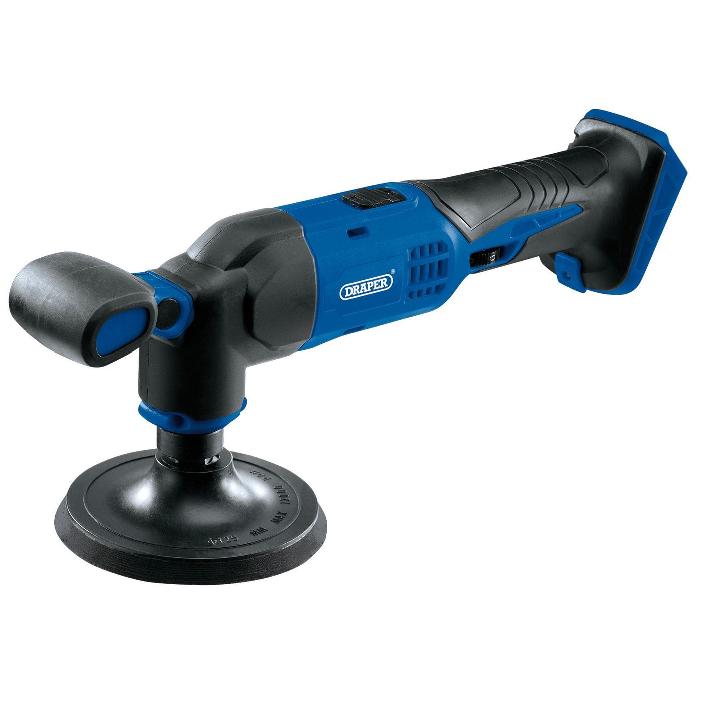 Introducing the Draper D20 20V Dual Action Polisher, 125mm (Sold Bare) - D20DAP125, a blue and black cordless tool featuring a left-hand handle, a sanding pad at the base, and variable speed settings.