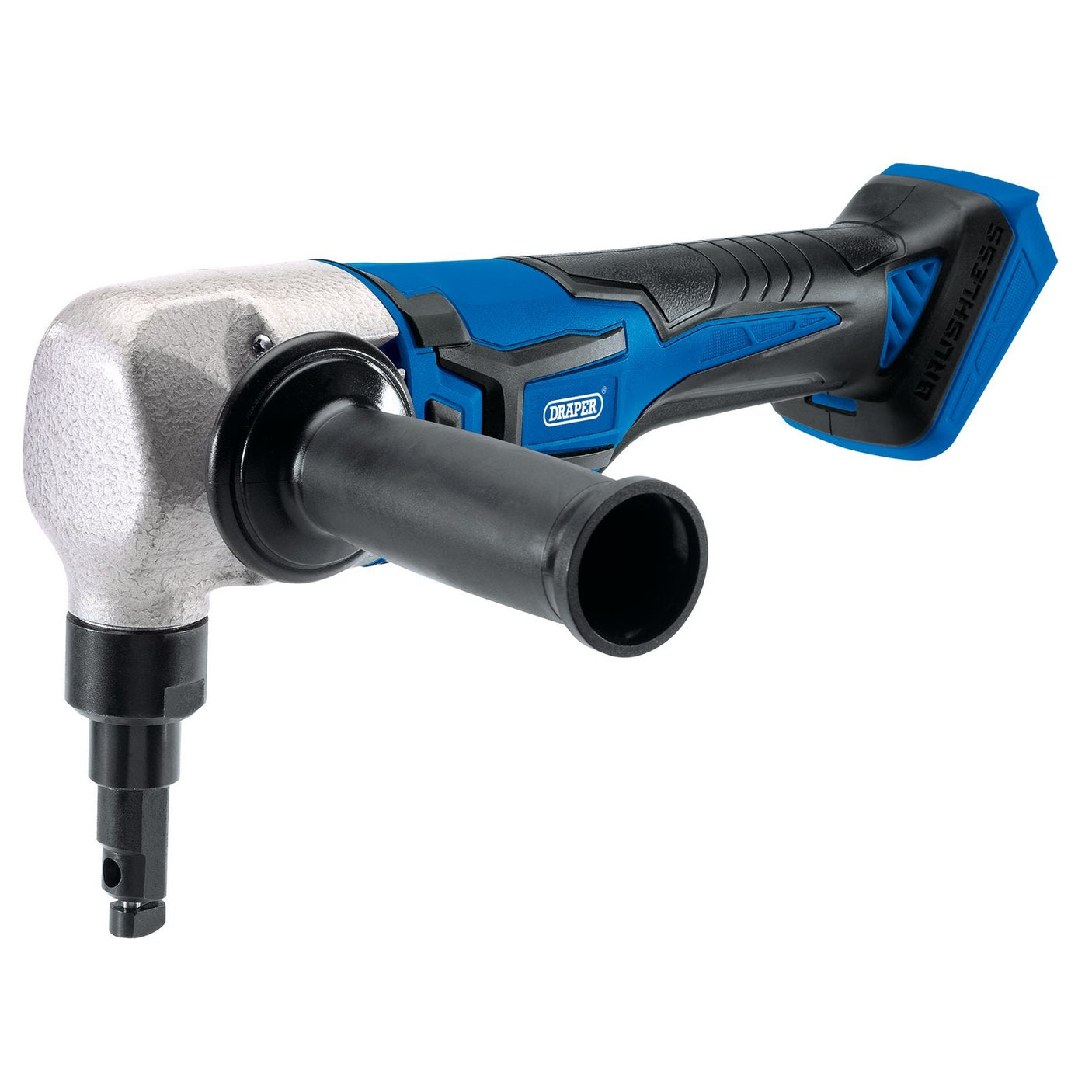 A blue and black, cordless Draper D20 20V Brushless Nibbler with a textured grip handle and an attached auxiliary handle for better control. The tool is powered by a 20V Li-ion battery. Model number: D20NS1700.