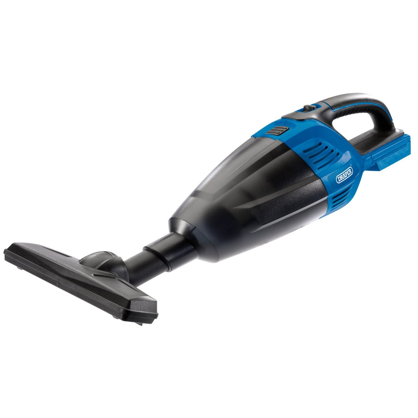 The Draper D20 20V Vacuum Cleaner (Sold Bare) - D20VC by Draper is a blue and black handheld vacuum cleaner with a flat nozzle attachment, featuring a detachable dust collection chamber for easy cleaning.