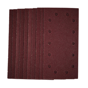 A stack of ten rectangular Draper 1/2 Sanding Sheets with Hook and Loop, 115 x 230mm, 40 Grit (Pack of 10) - SSA5, with one sheet showing multiple round holes arranged in two rows. The dark brown sandpaper features a convenient hook and loop backing for easy attachment. Made from durable aluminium oxide, these sheets ensure a long-lasting abrasive surface.