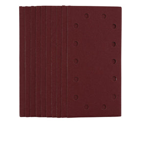 A pack of ten Draper 1/2 Sanding Sheets With Hook And Loop attachment, measuring 115 x 230mm and featuring several circular holes along one side. These rectangular brown aluminium oxide sanding sheets have a grit level of 120, ideal for precise sanding tasks.