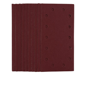 A pack of ten Draper 1/2 Sanding Sheets With Hook And Loop attachment, measuring 115 x 230mm and featuring several circular holes along one side. These rectangular brown aluminium oxide sanding sheets have a grit level of 120, ideal for precise sanding tasks.