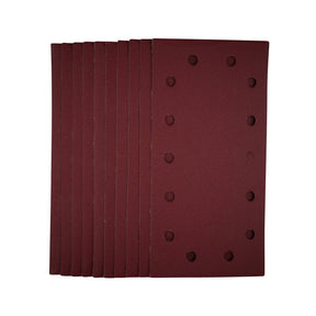 A neat pile of Draper 1/2 Sanding Sheets with Hook and Loop, 115 x 230mm, 240 Grit (Pack of 10), featuring evenly spaced round holes and designed for easy attachment.