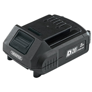 The Draper D20 20V Li-Ion Battery, 2.0Ah - D20B2.0AH is a sleek black battery featuring a visible label and connecting slots on the top. No Product Description Available.