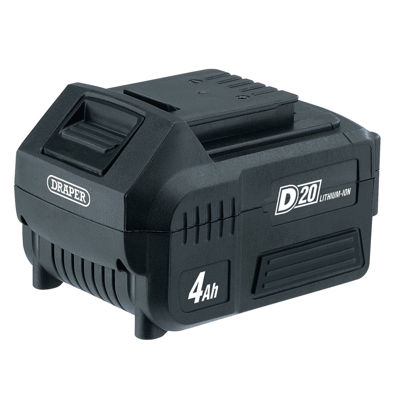 A Draper D20 20V lithium-ion battery pack, 4.0Ah (model D20B4.0AH), in black rectangular design with visible branding and labels, featuring a handle-like structure on top.