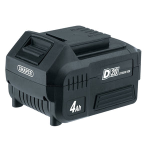 A Draper D20 20V lithium-ion battery pack, 4.0Ah (model D20B4.0AH), in black rectangular design with visible branding and labels, featuring a handle-like structure on top.