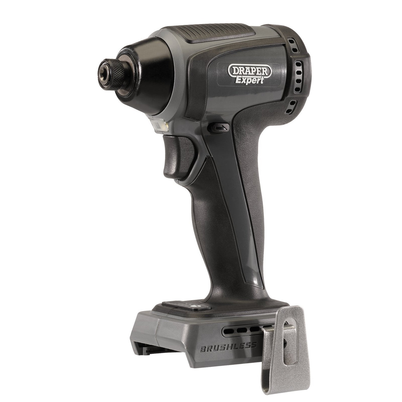 A black and grey cordless impact driver branded "Draper," specifically the Draper Xp20 20V Brushless Impact Driver, 1/4 Hex., 200Nm (Model XP20ID200), featuring brushless technology and a belt clip attachment at the base, compatible with the XP20 multi-tool battery system.