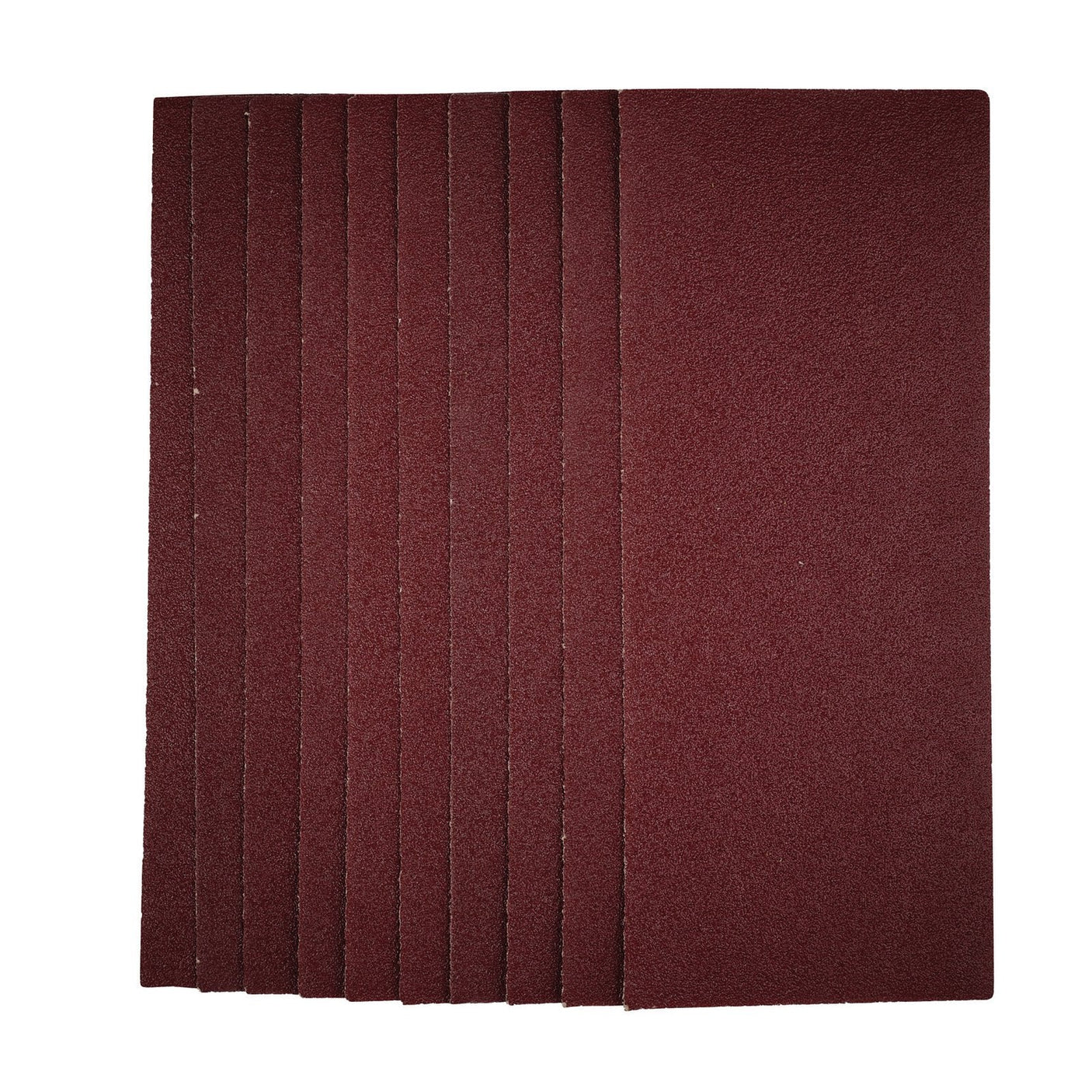 A vertical stack of Draper 1/2 Sanding Sheets, 115 X 280mm, 40 Grit (Pack Of 10) - SSA6, crafted with durable aluminium oxide in a maroon hue, is aligned against a white background.