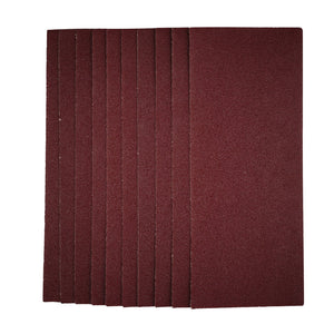 A vertical stack of Draper 1/2 Sanding Sheets, 115 X 280mm, 40 Grit (Pack Of 10) - SSA6, crafted with durable aluminium oxide in a maroon hue, is aligned against a white background.