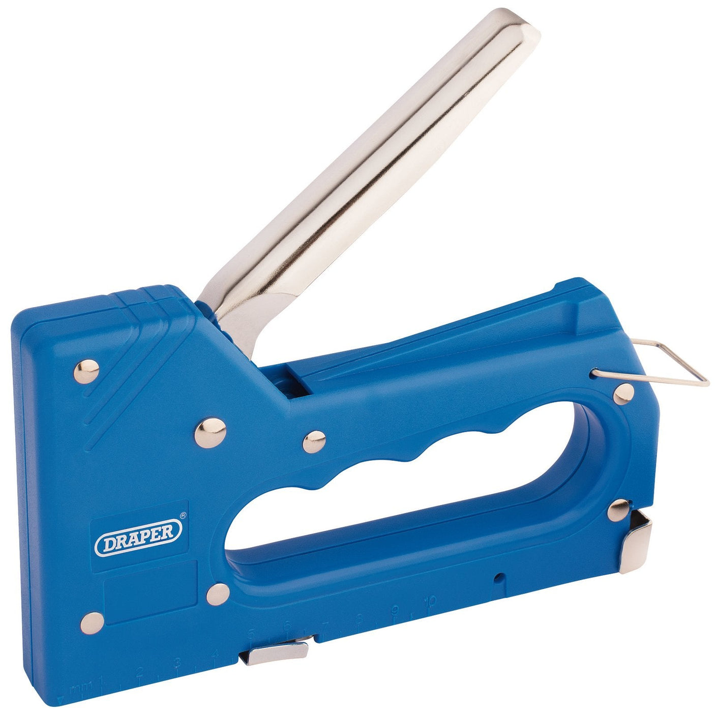 A blue and metal handheld stapler/tacker, the Draper Lightweight Stapler/Tacker - STO/1, is ideal for light duty staples and perfect for DIY applications.