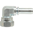 The Sparex Dicsa BSP 60° Hose Insert 1/4'' x 1/4'' Female Thread 90° Compact Swivel, also known as Sparex Part No. S.56116, is a metal elbow hose fitting designed with a threaded hex end and ribbed tailpiece for secure hose attachment, featuring a compact swivel at a 90° angle.