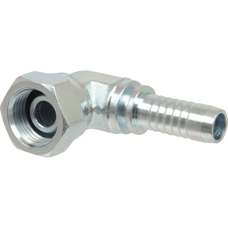 The Dicsa BSP 60° Hose Insert by Sparex, featuring a 1/4'' x 1/4'' female thread and a compact swivel design with a hexagonal nut on one end and a ridged hose barb on the other, is specifically crafted for creating efficient 90-degree connections in hydraulic systems (Sparex Part No. S.56116).