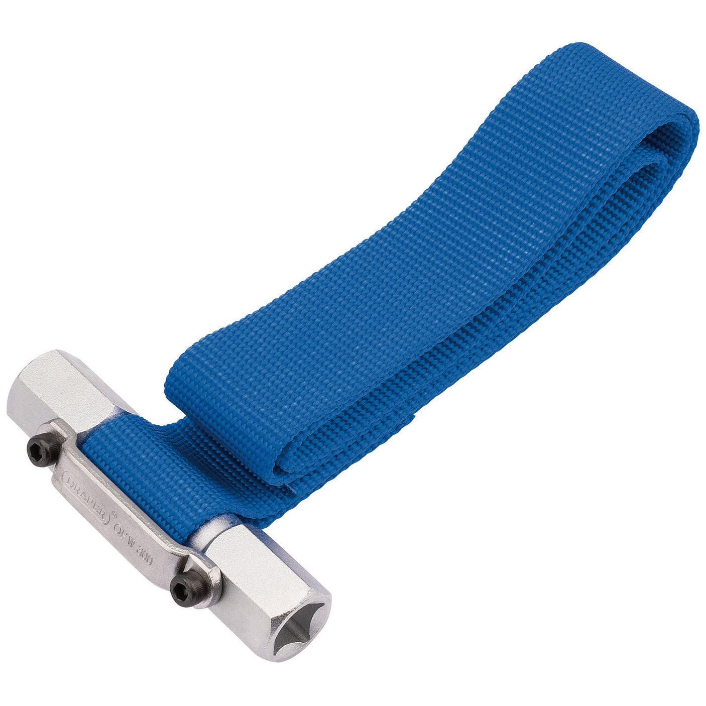 The Draper Oil Filter Strap Wrench, 3/8" And 1/2" Sq. Dr., - OFW 300 is a metal tool featuring a blue nylon strap and corrosion protection.