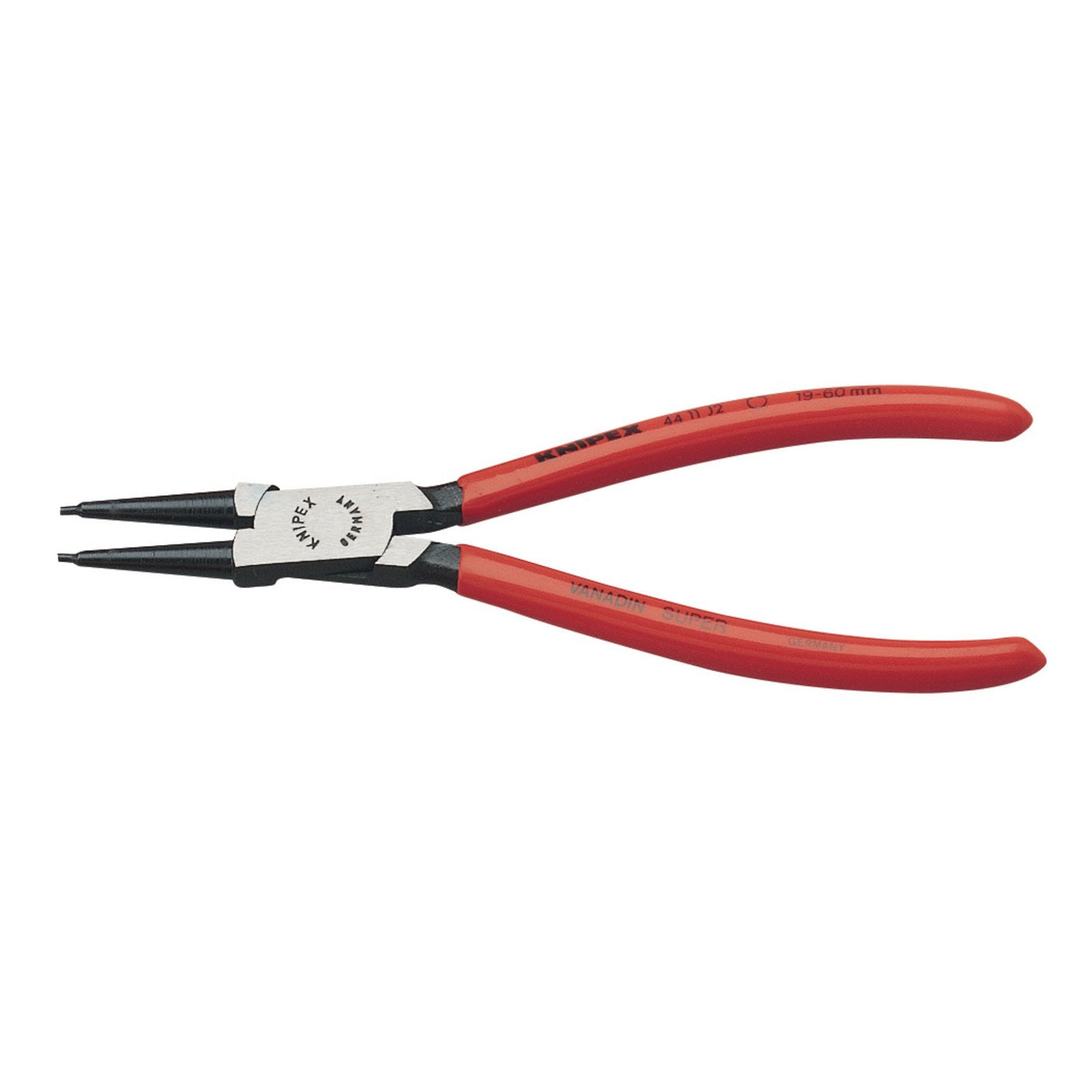 The Draper Knipex 44 11 J2 Sb J2 Straight Internal Circlip Pliers, measuring 19-60mm and made from durable chrome vanadium steel, feature red handles and pointed nonslip tips for gripping and manipulating small objects or wires. These professional-quality pliers ensure long-lasting durability and precision.