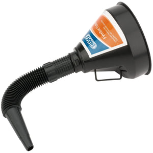 The Draper PVC Flexible Funnel - FF1 from Draper features an orange label, a detachable flexible neck, and a long, corrugated tube for efficient liquid direction.