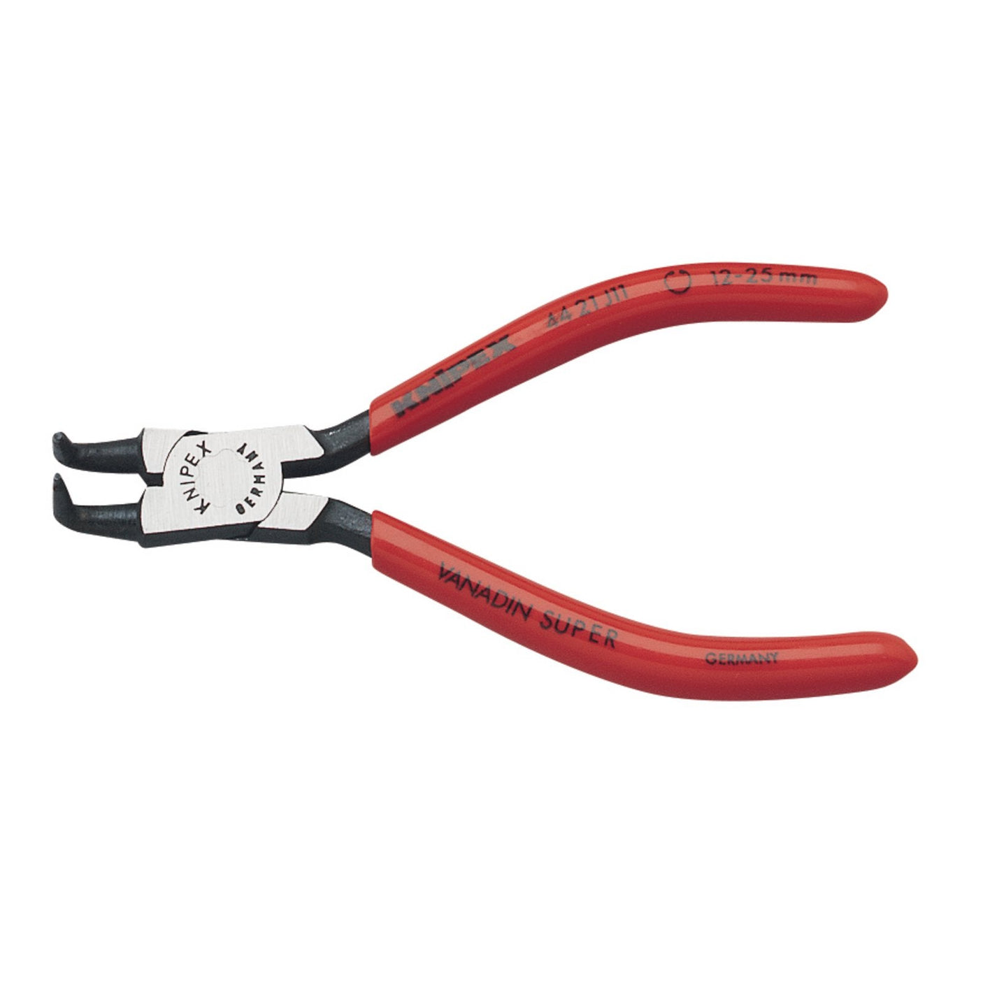 Professional-quality Draper Knipex 44 21 J11 SBE snap ring pliers with red handles, featuring curved, pointed tips and a spring-loaded joint. Crafted from chrome vanadium steel per DIN ISO 5256D standards, these pliers are designed for installing or removing internal circlips within sizes 12 - 25mm.