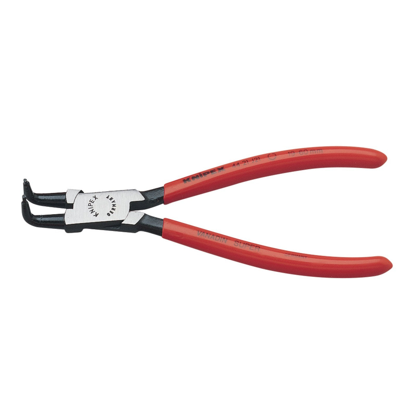 A Draper Knipex 44 21 J21 SBE J21 90° Bent Internal Circlip Pliers with red handles and a silver gripping mechanism, made from chrome vanadium electric steel, designed for cutting and gripping tasks.