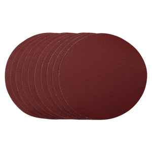 A stack of Draper Sanding Discs, 180mm, Hook & Loop, 120 Grit (Pack Of 10) - SDHAL180 with circular red surfaces arranged in a slight overlapping pattern, viewed from above.